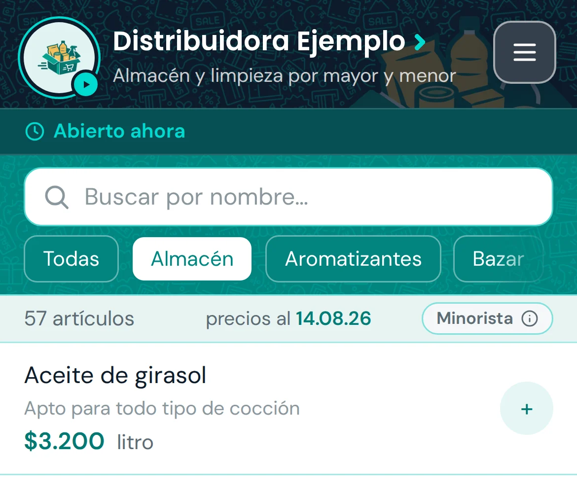 El catálogo del comercio en un celular: el buscador, los filtros por categoría, la fecha de vigencia de la lista y un producto con su precio por litro.