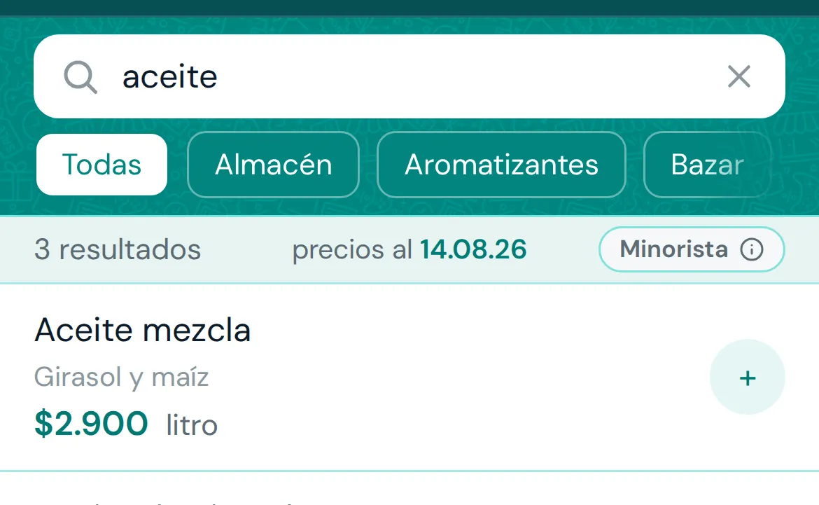 Catálogo de Distribuidora Ejemplo: el cliente escribió «aceite» en el buscador y aparecen tres resultados con su precio y su unidad