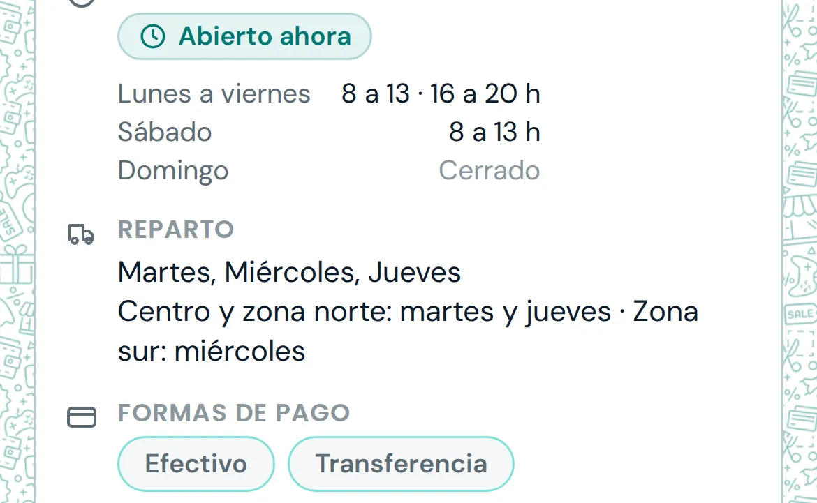 Ficha del comercio con el horario de atención, los días y zonas de reparto y las formas de pago que acepta